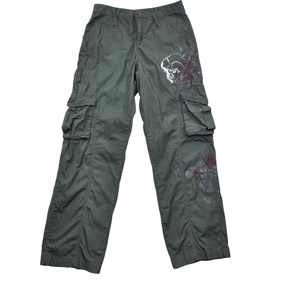 Hot Topic Pants - Hot Topic Green Cargo‎ Pants Skull Rose Cross Graphic Goth Grudge Y2K Womens 7